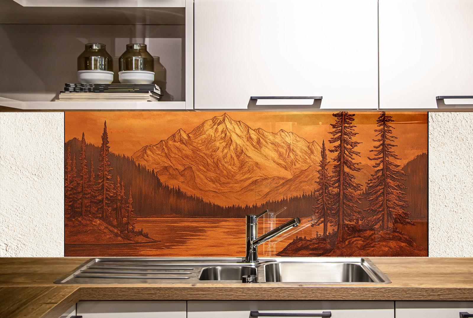 a kitchen with a large, detailed mural depicting a mountain landscape with pine trees and a lake. The mural is painted on the wall above the kitchen sink, creating a visually appealing and nature-inspired design.