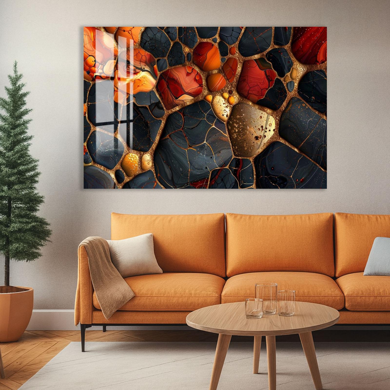 a large abstract painting hanging on a wall above a cozy living room setting with a couch, coffee table, and potted plant.