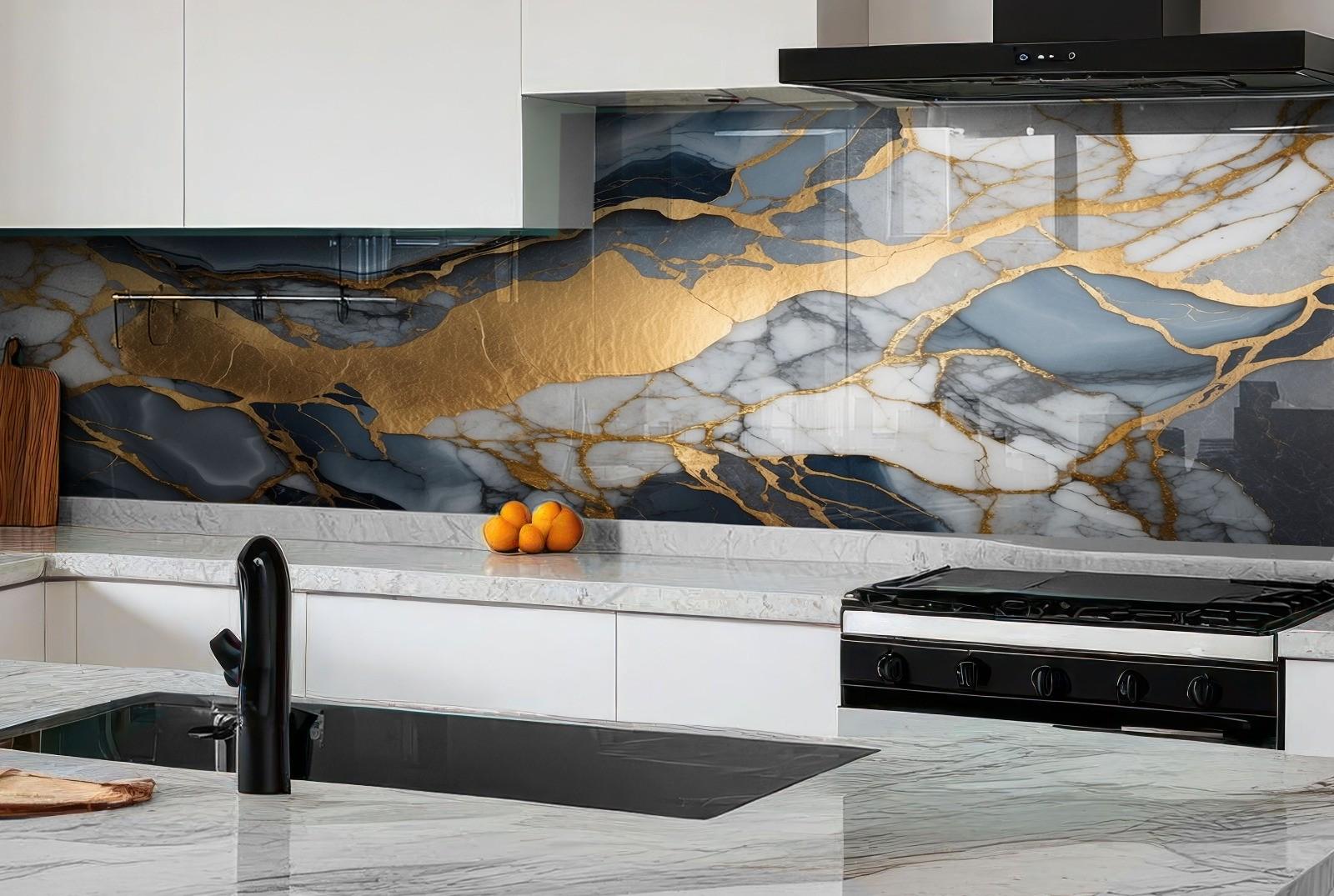 Gold Marble Tempered Glass Backsplash - Kitchen Stove Cover