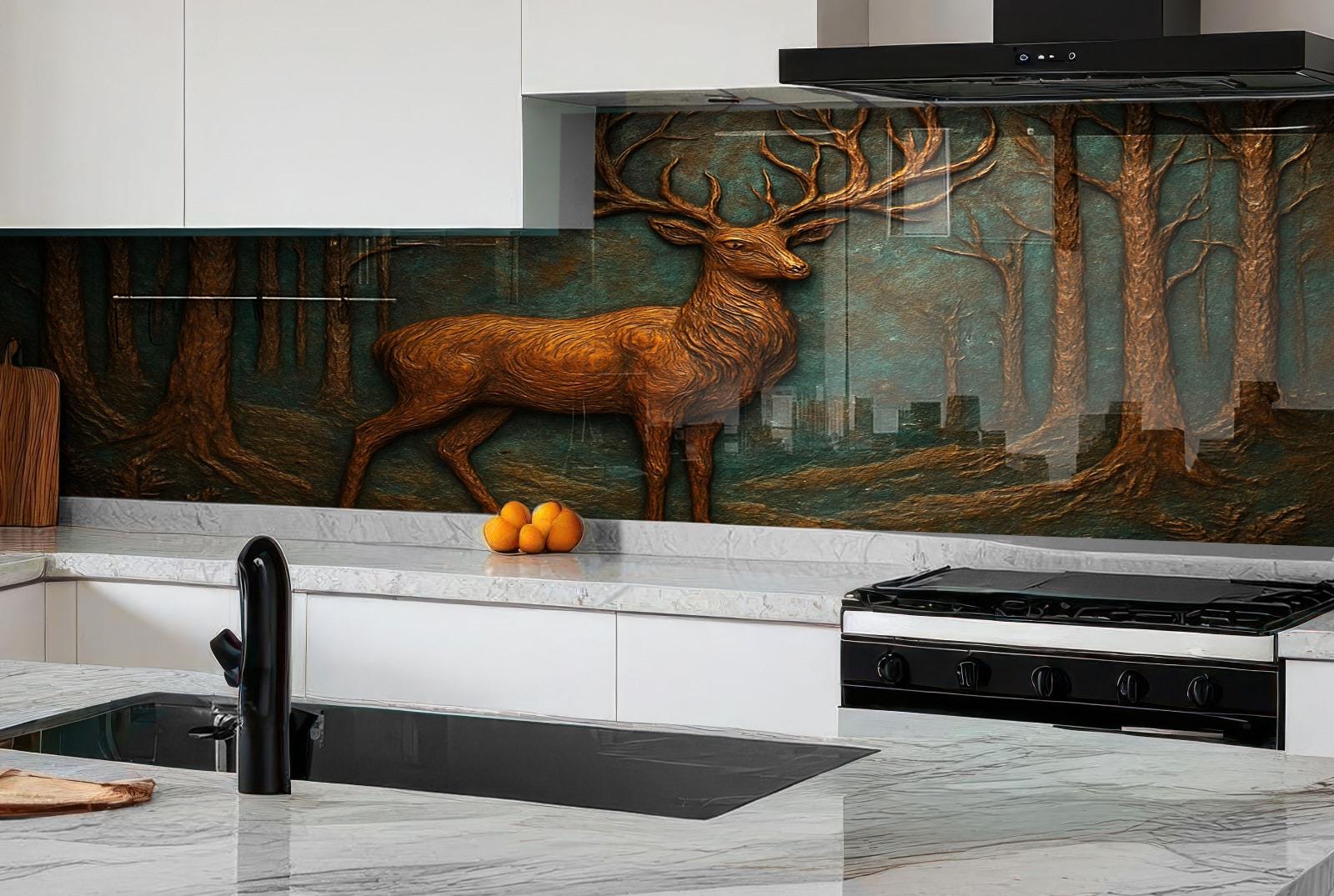 a painting of a deer is on the wall of a kitchen
