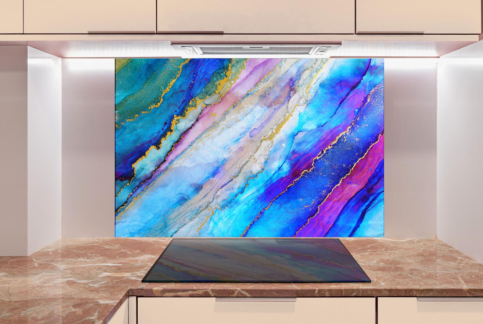 a large abstract painting with vibrant colors and swirling patterns, displayed on a wall above a kitchen counter.