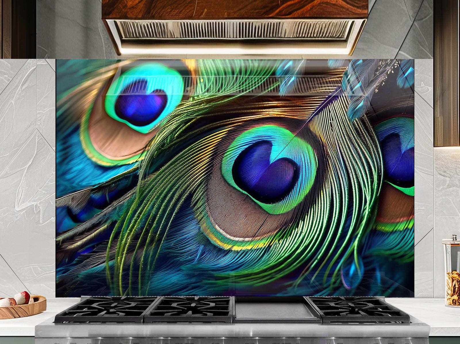 a large, colorful, and detailed image of peacock feathers, with the eyes of the peacock prominently displayed. The peacock feathers are vibrant and intricate, showcasing the natural beauty and complexity of these ornate feathers.