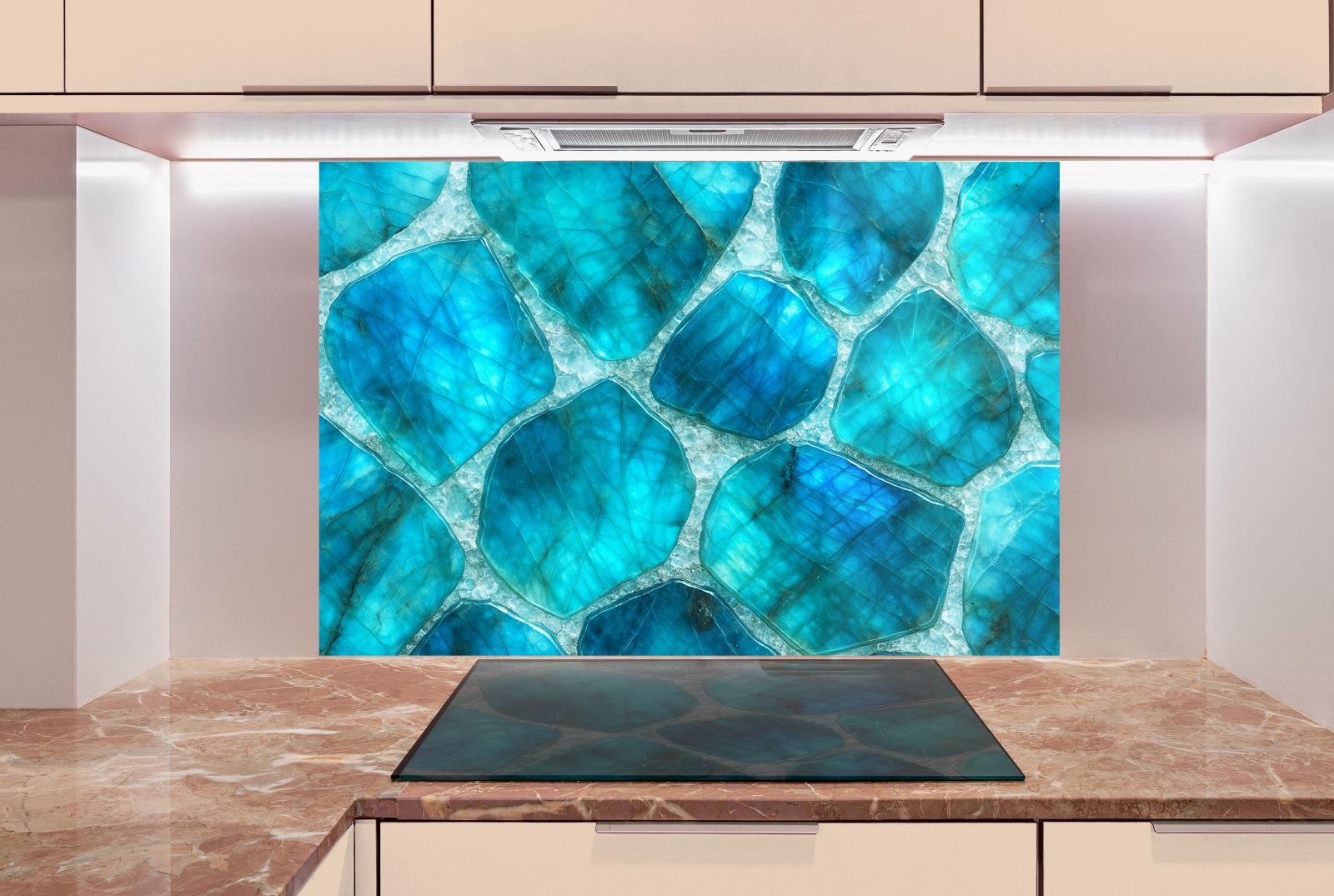 a kitchen counter with a painting on the wall