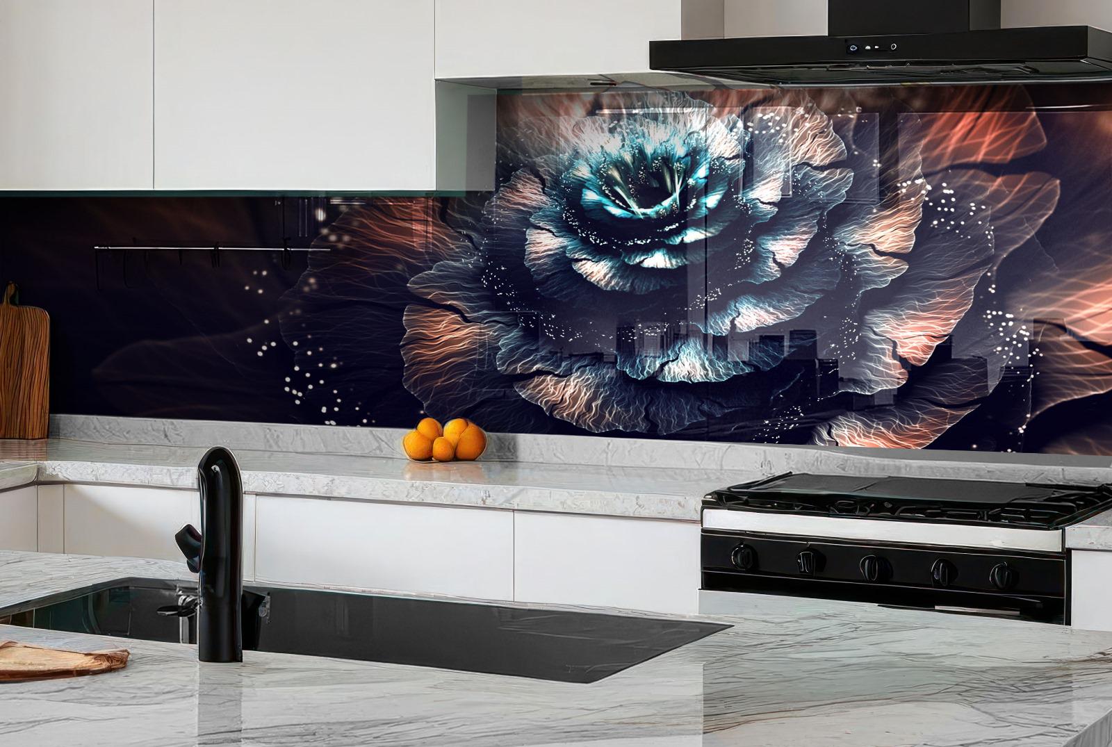 a modern kitchen with a large, colorful floral pattern on the backsplash behind the countertop. The backsplash has a mix of blue, orange, and white colors, creating a vibrant and eye-catching design. On the countertop, there are a few oranges and a black faucet, adding a touch of contrast to the overall color scheme.