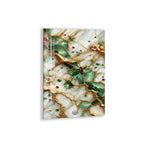 a marble surface with a floral pattern, including green leaves and red flowers. The marble has a textured and ornate appearance, with a gold and white color scheme.