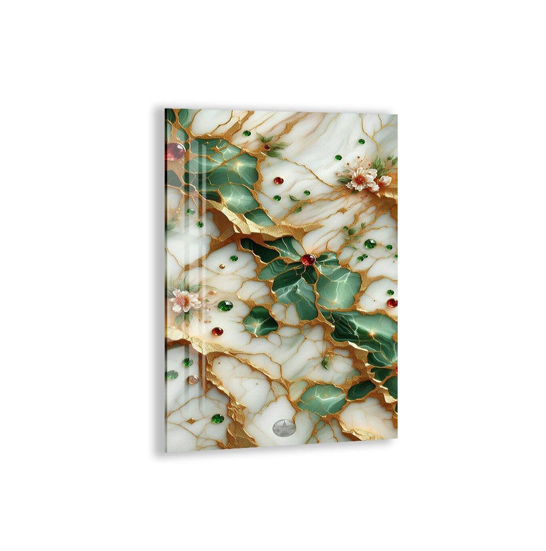 a marble surface with a floral pattern, including green leaves and red flowers. The marble has a textured and ornate appearance, with a gold and white color scheme.