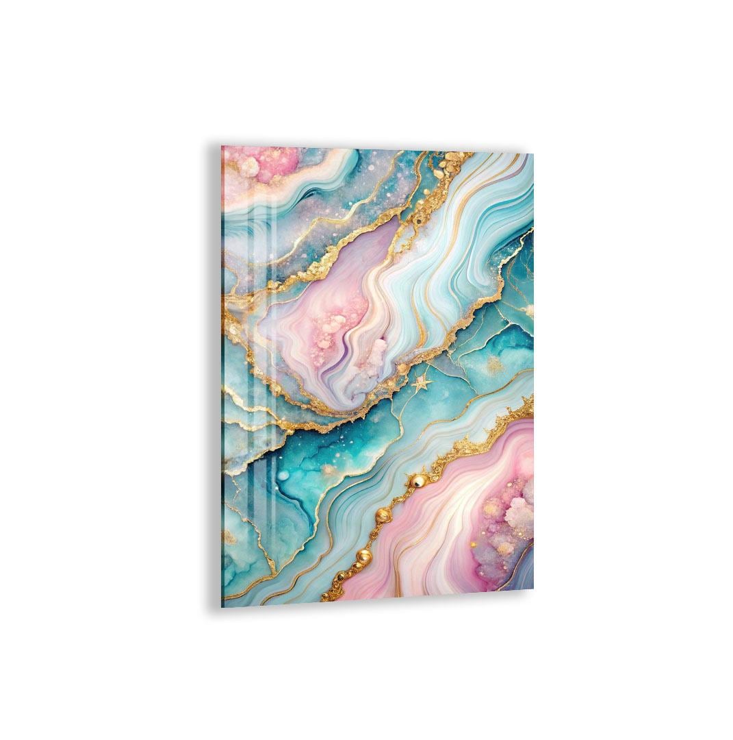 The image is a vibrant abstract artwork featuring a colorful marble-like pattern with swirling lines and shapes in shades of blue, pink, and gold.