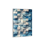 The image is a modern abstract art piece featuring a grid-like pattern of blue and white cubes or blocks arranged in a visually striking and intricate manner.
