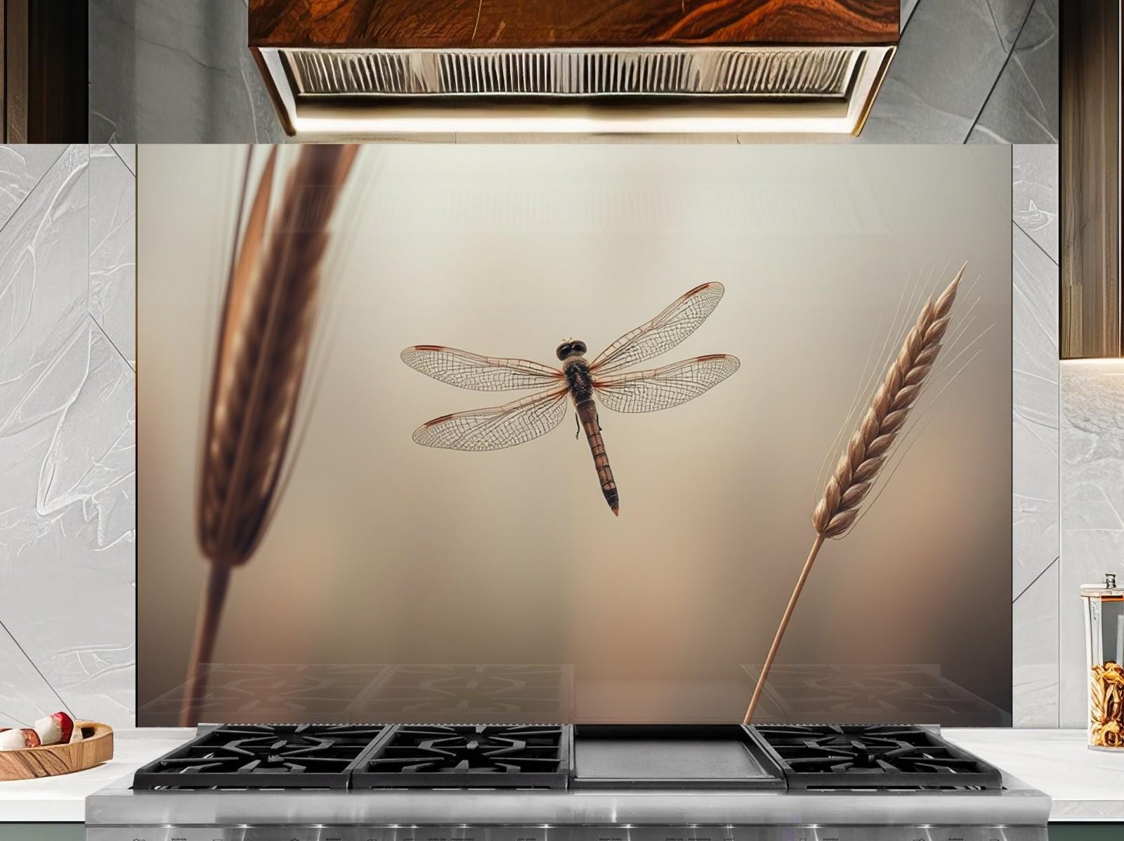 a picture of a dragonfly flying over a stove top