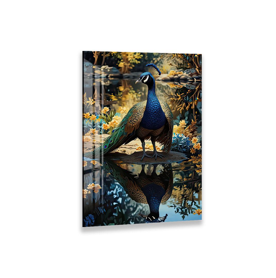 A peacock standing on a rock in a pond, surrounded by colorful flowers and reflected in the water.