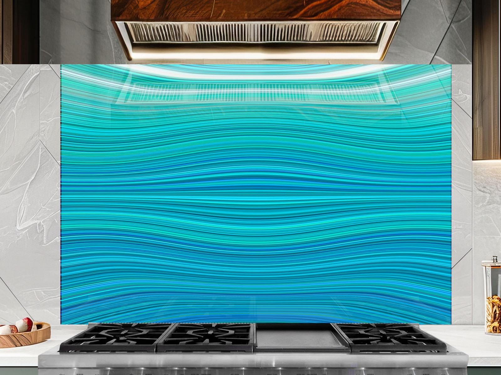 a modern kitchen with a large, vibrant turquoise-colored backsplash behind the stovetop.