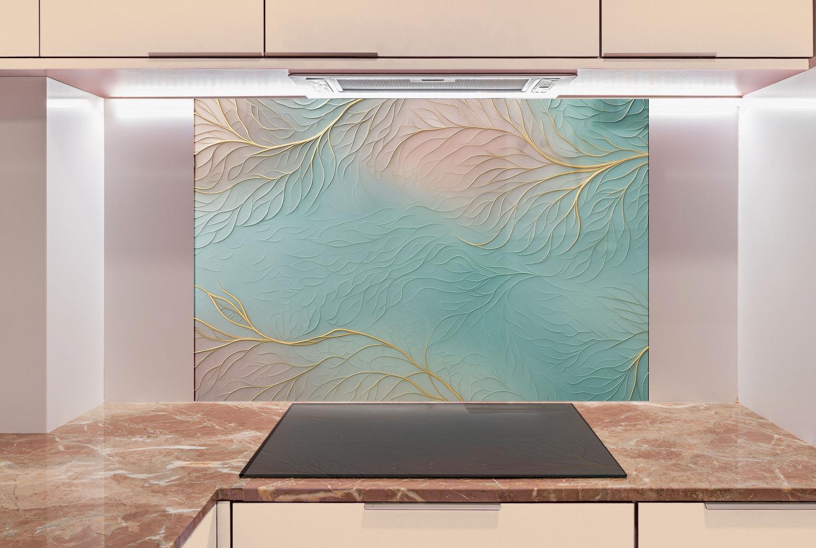 a stove top oven sitting under a painting on a wall