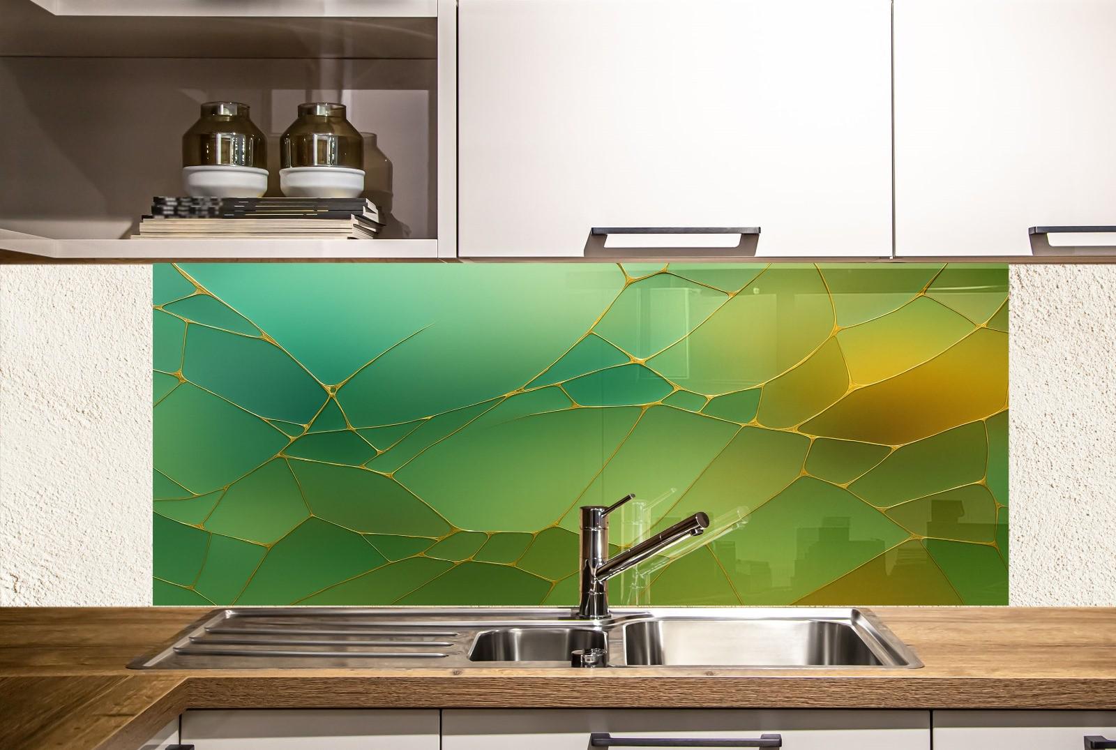 a kitchen with a sink and a green mosaic tile backsplash