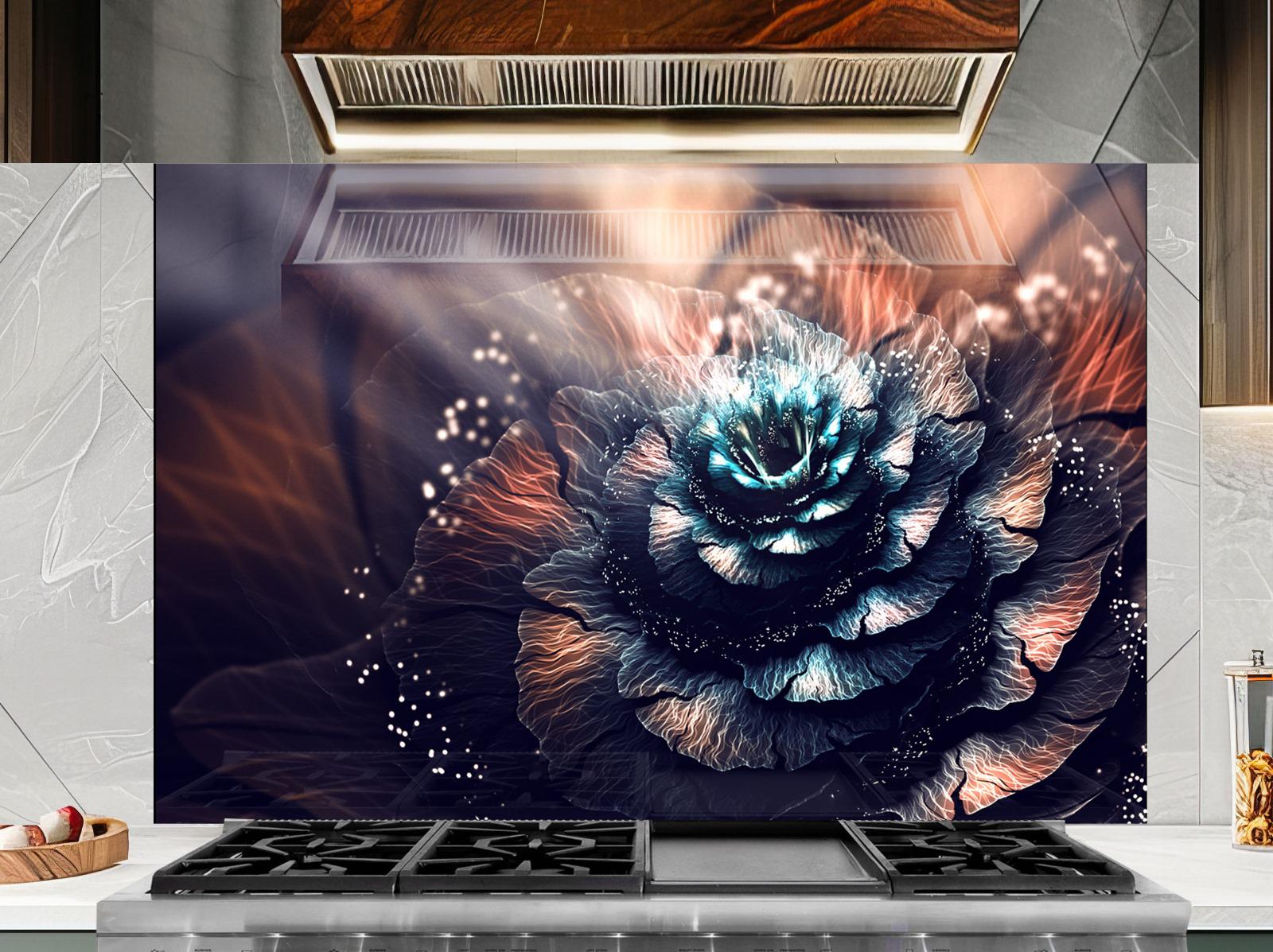 a large, vibrant, and colorful floral design on a wall, with a stove top in the foreground.