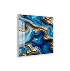 The image is a vibrant abstract artwork featuring swirling patterns of blue and gold hues, creating a dynamic and visually striking composition.