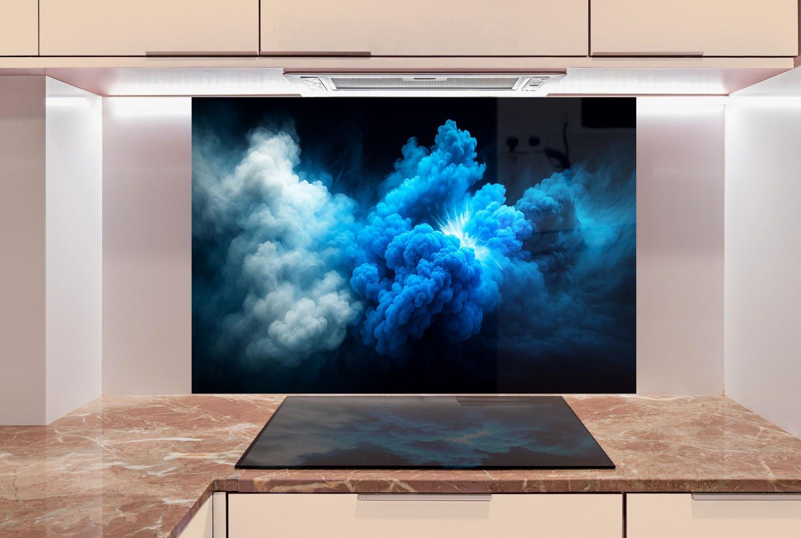 a picture of a blue and white cloud on a wall