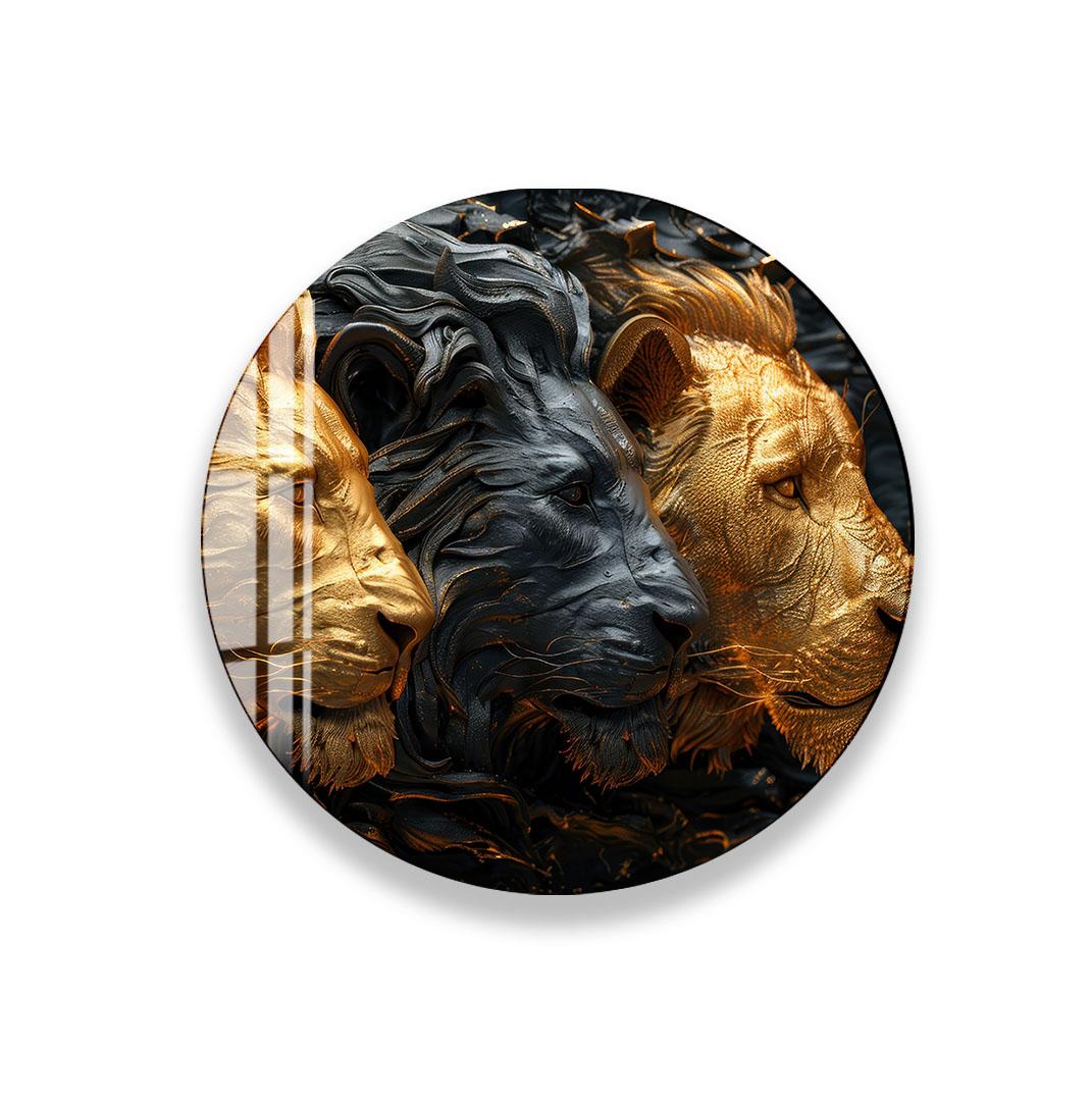 A close-up image of three lion heads, with the lion on the left appearing golden and the lion on the right appearing black.