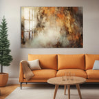 a modern living room with a large abstract painting hanging on the wall above a cozy orange sofa. The sofa is positioned in front of a wooden coffee table, which has a glass top. The room also includes a potted plant and a small tree, adding a touch of greenery to the space.