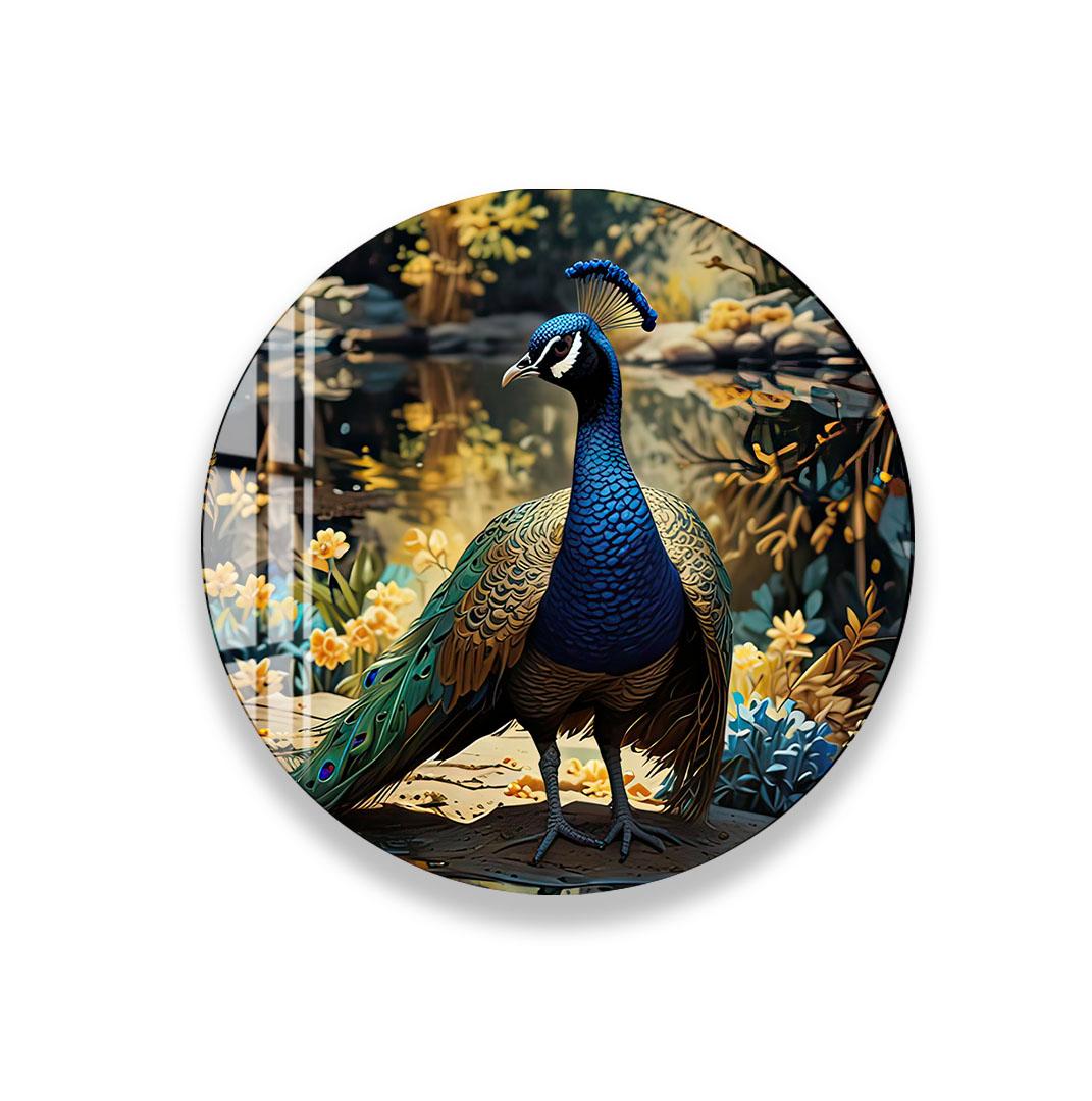 A peacock with a blue and green body, green tail, and blue crest stands in a lush, colorful garden with yellow flowers and green foliage.