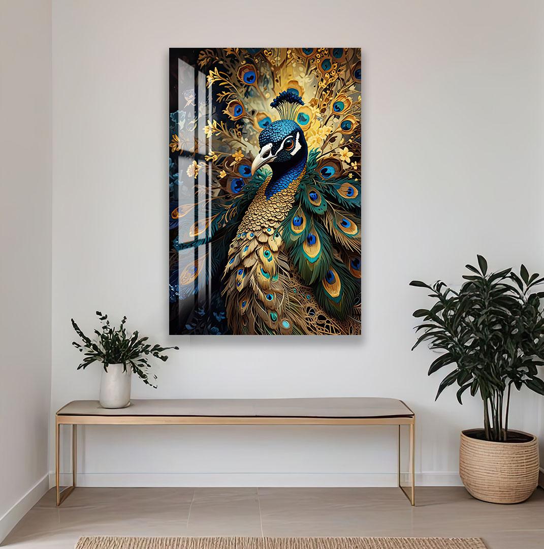 a large, colorful painting of a peacock, with its vibrant feathers spread out in a display of its beauty. The painting is hung on a white wall, and there are two potted plants in the room, one on the left side and one on the right side.