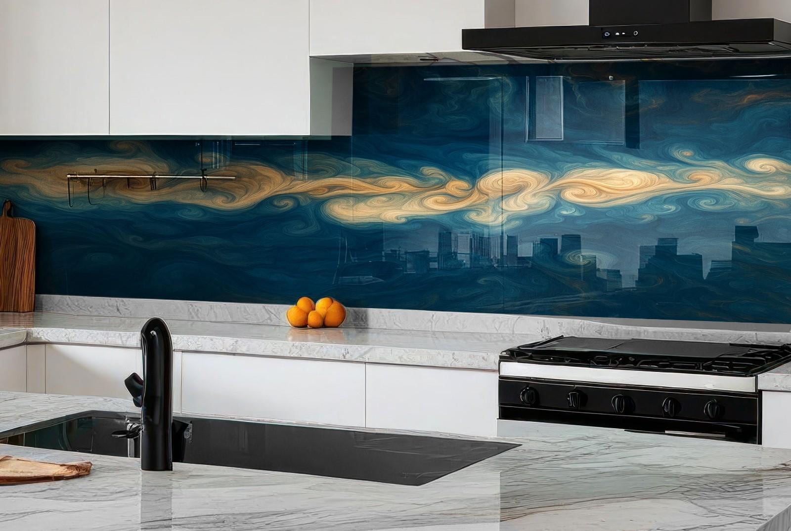 a kitchen with a marble counter top and white cabinets