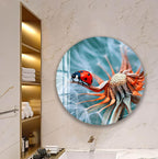A round wall art depicting a ladybug on a dandelion, with a shelf of towels and toiletries visible in the background.
