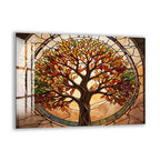 A stained glass artwork depicting a tree with vibrant autumn leaves, encased within a circular frame.