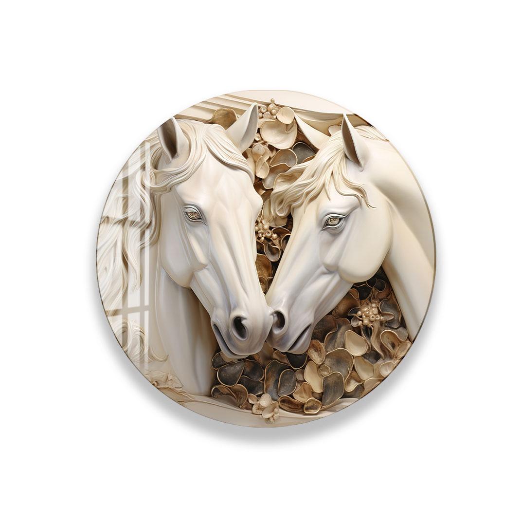 A decorative circular wall hanging featuring two white horse heads with floral elements surrounding them.