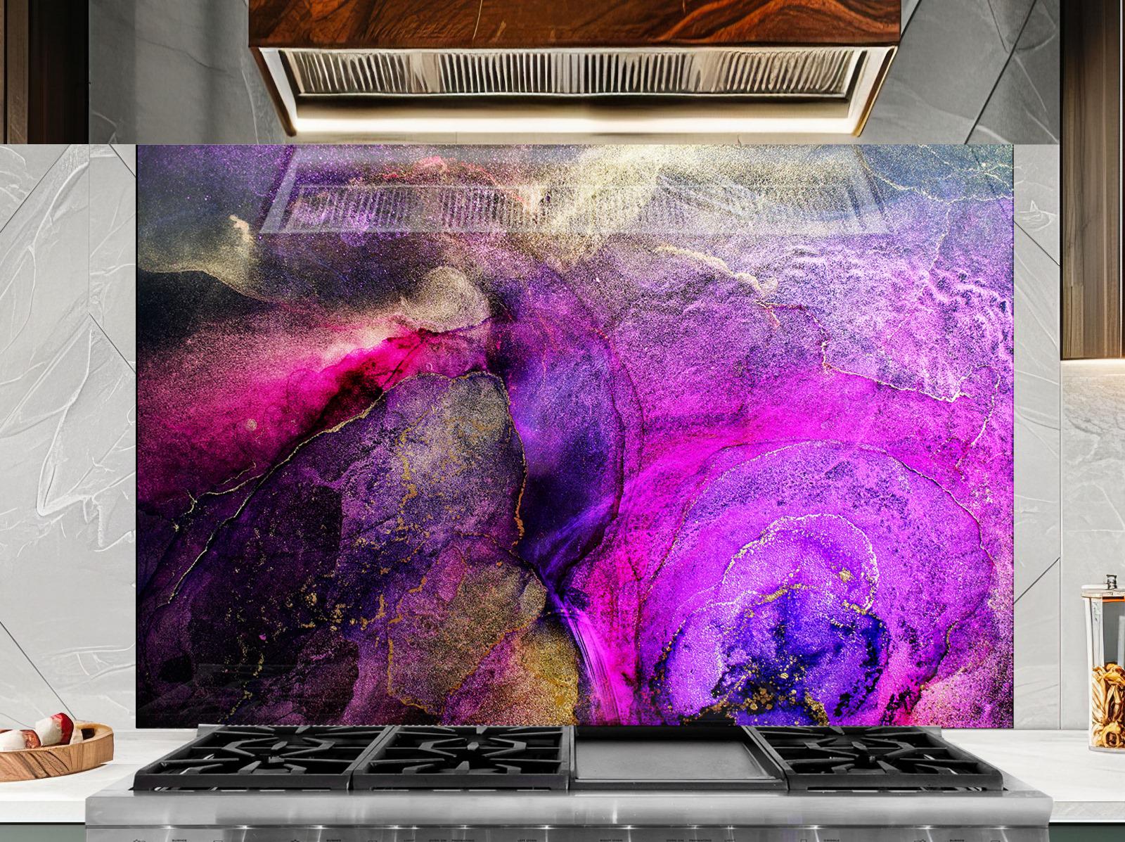 a large, colorful abstract painting or mural on a wall, with a modern kitchen setting in the foreground.