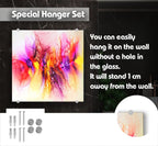 The image is a promotional poster for a special hanging set, featuring a vibrant abstract painting and providing details about the product.