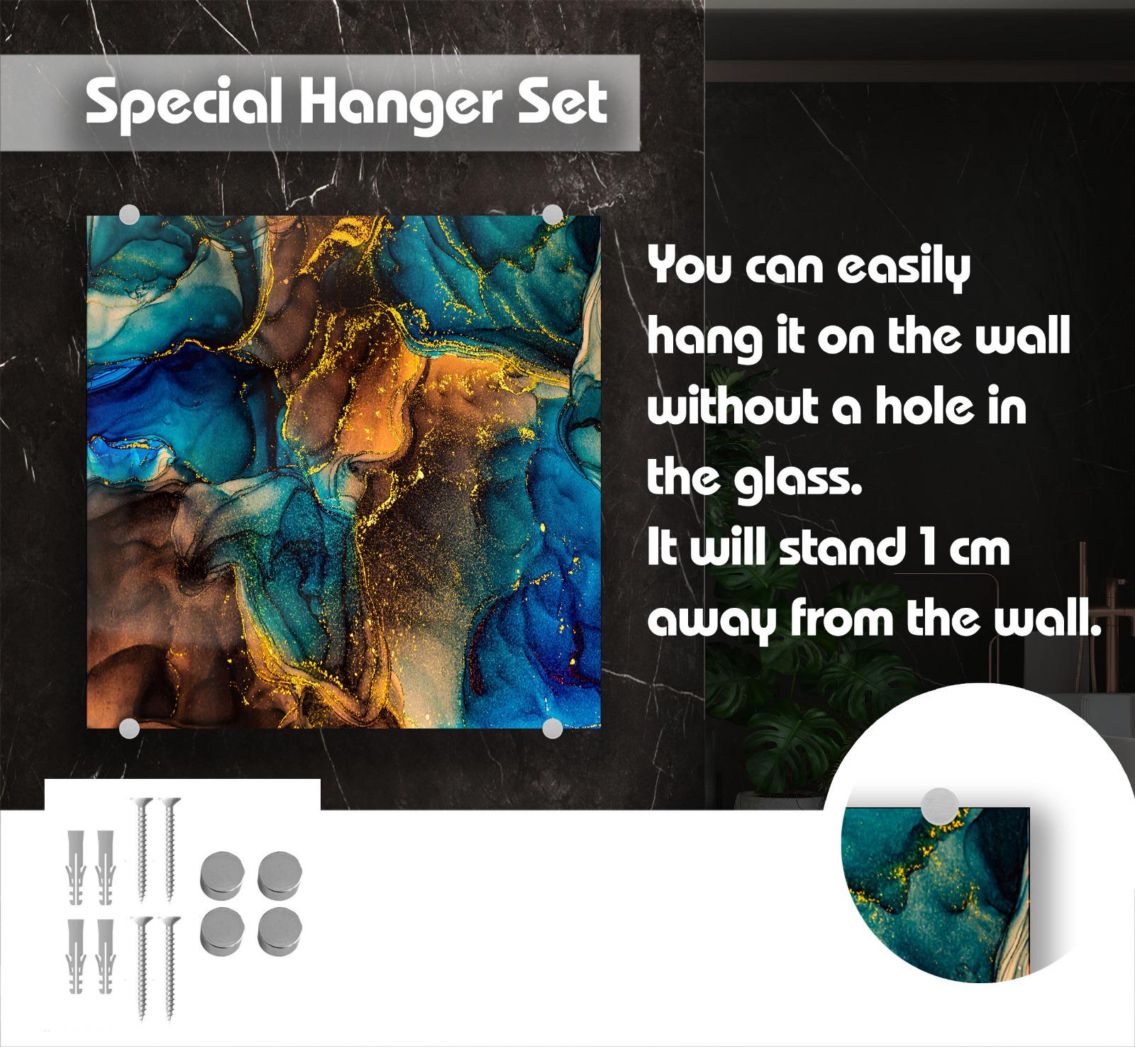 The image is a special hanging set that includes a glass piece with a unique abstract design, wall mounting hardware, and a wall mount.