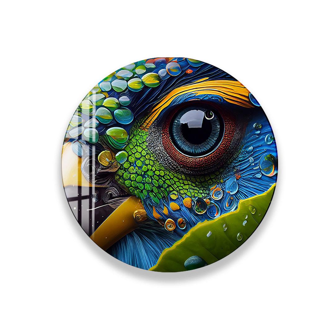 The image is a vibrant and colorful depiction of a bird's eye, showcasing intricate details and patterns in a variety of colors including blue, green, yellow, and orange.
