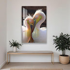 a large, colorful painting of two pelicans with their heads close together, creating an intimate and affectionate moment. The painting is hung on a white wall above a wooden bench, which is positioned in front of a potted plant. The overall scene is set in a room with a rug on the floor, adding to the cozy and inviting atmosphere.