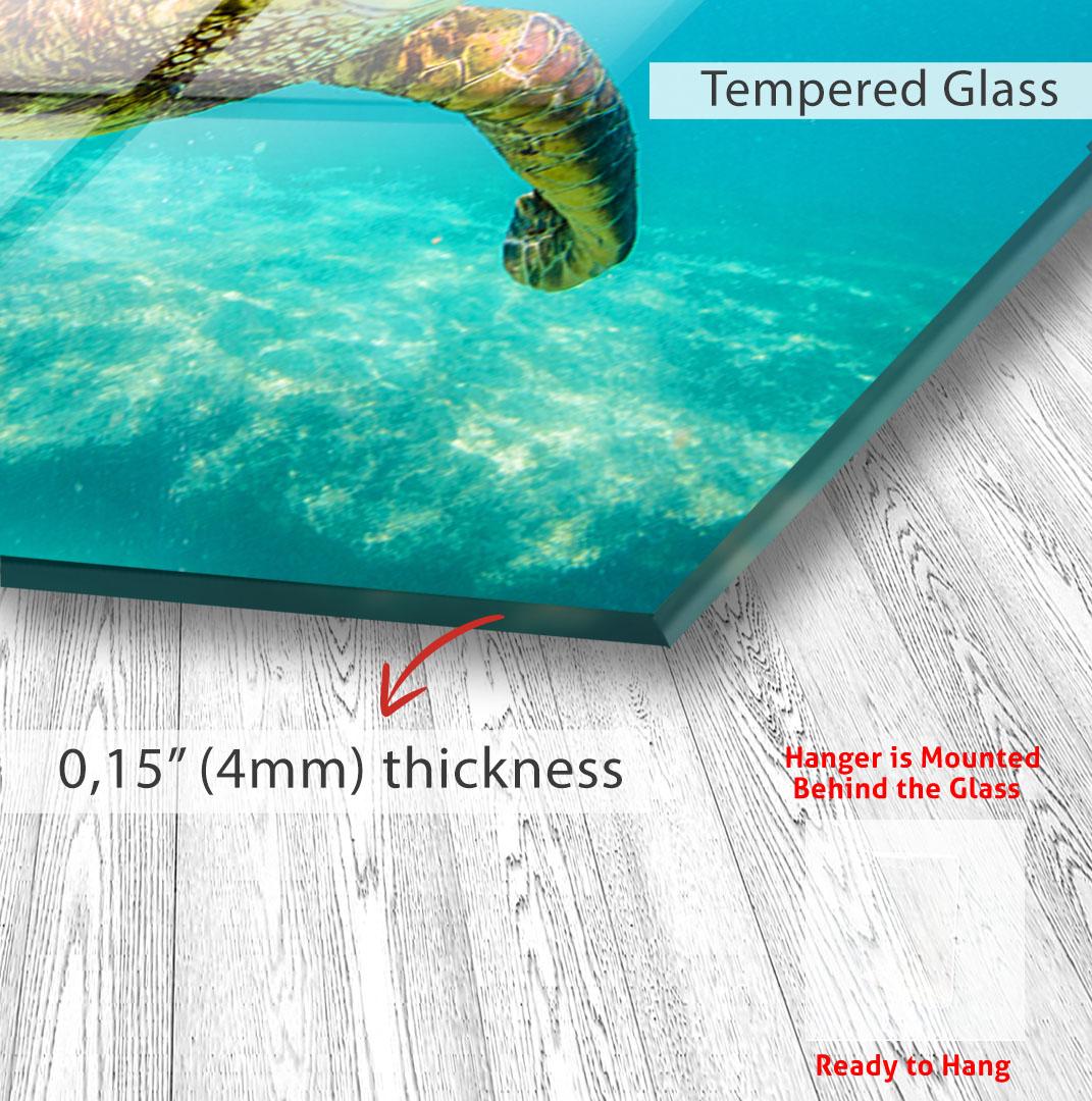 The image is a close-up of a wooden surface with a text overlay indicating that the glass is "Tempered Glass" and has a thickness of "0.15" (4mm)