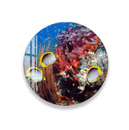 A round glass wall art depicting a vibrant underwater scene with three colorful fish swimming among a coral reef.