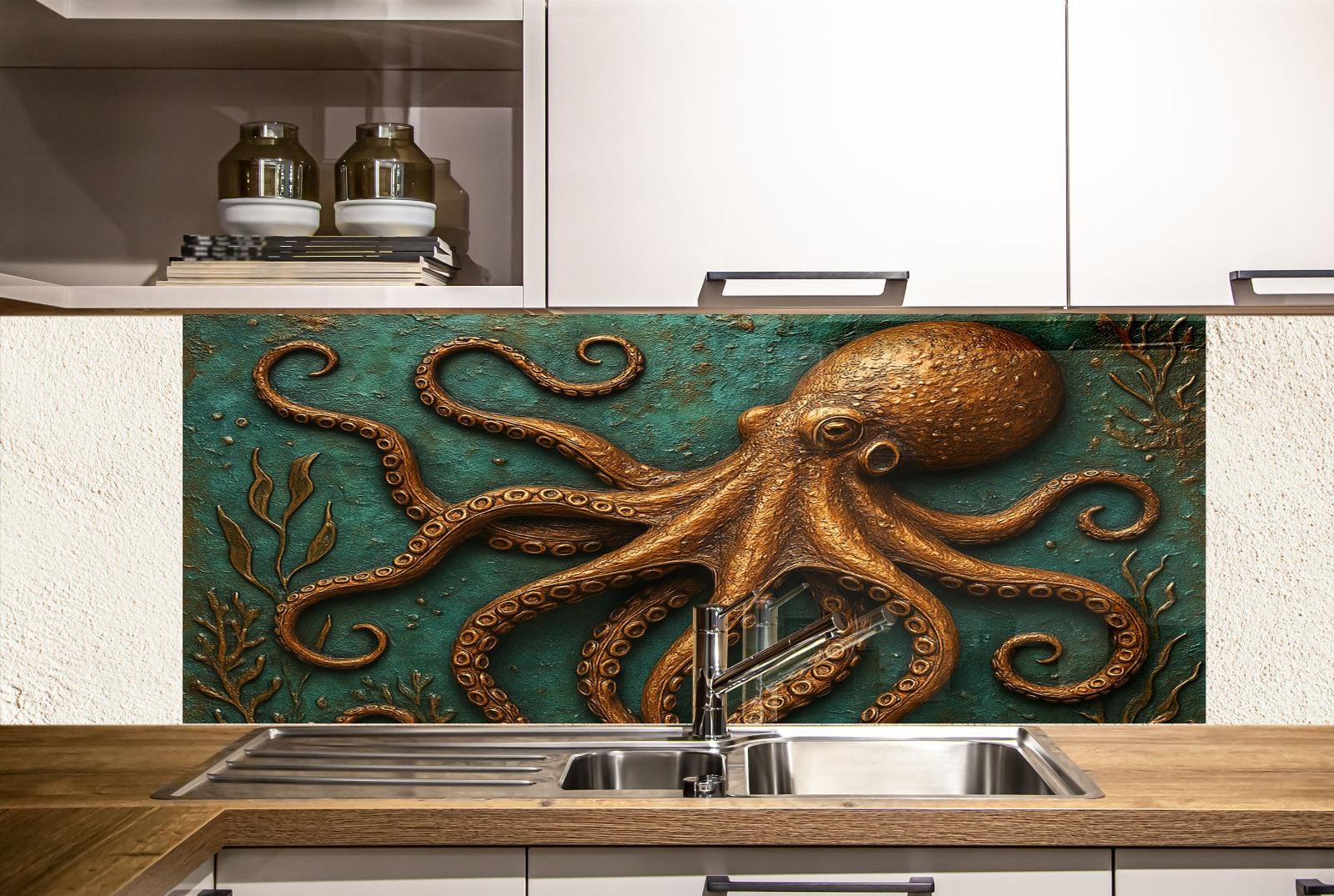 an octopus is painted on the side of a kitchen wall