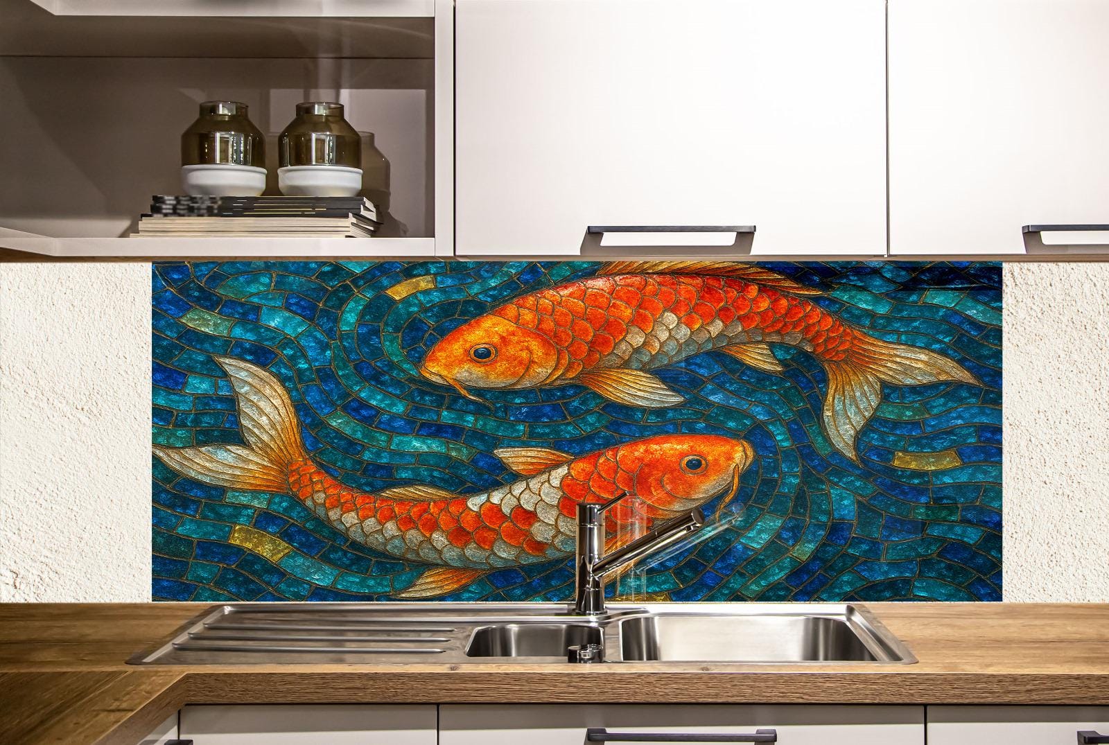 a painting of two fish in a kitchen