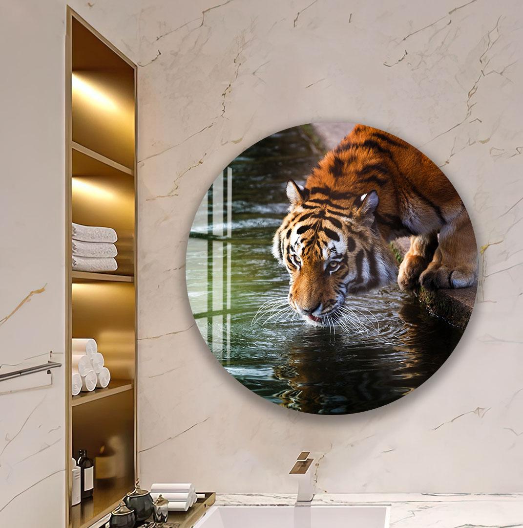 A tiger is depicted in a bathroom, with its head submerged in water, creating a serene and captivating scene.