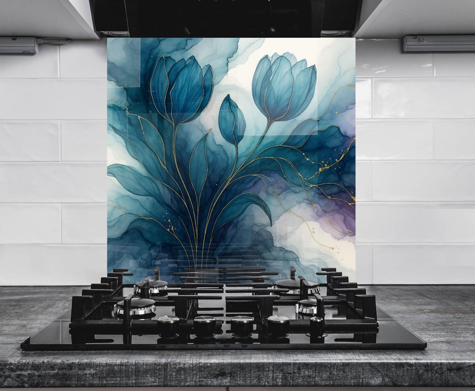 a painting of blue flowers on a white wall