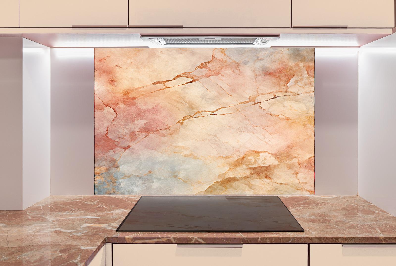 a kitchen counter with a black stovetop and a large, colorful marble backsplash behind it.