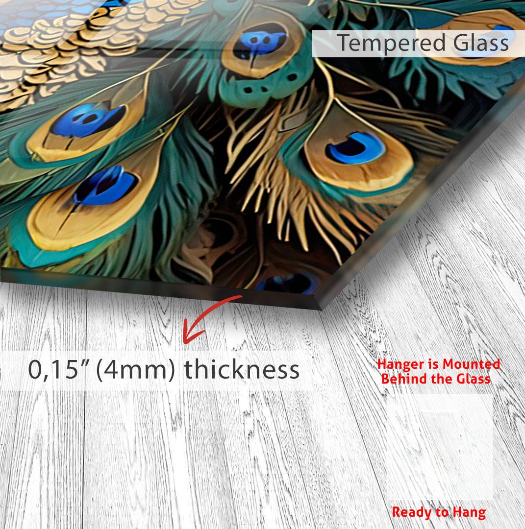 The image is a close-up of a glass surface with a detailed view of a peacock feather design. The glass appears to be Tempered Glass, and the image is described as having a thickness of 0.15 millimeters (4mm).