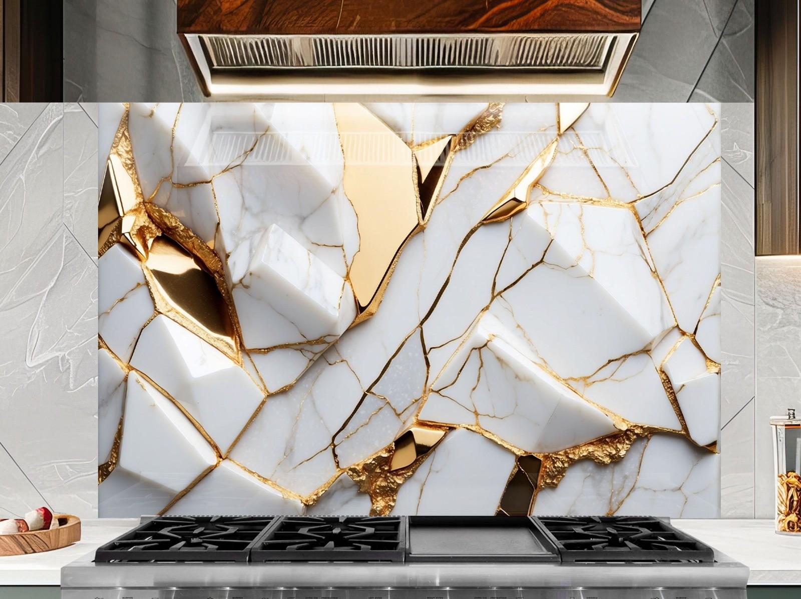 White Gold Marble Backsplash: Tempered Glass, Heat Resistant
