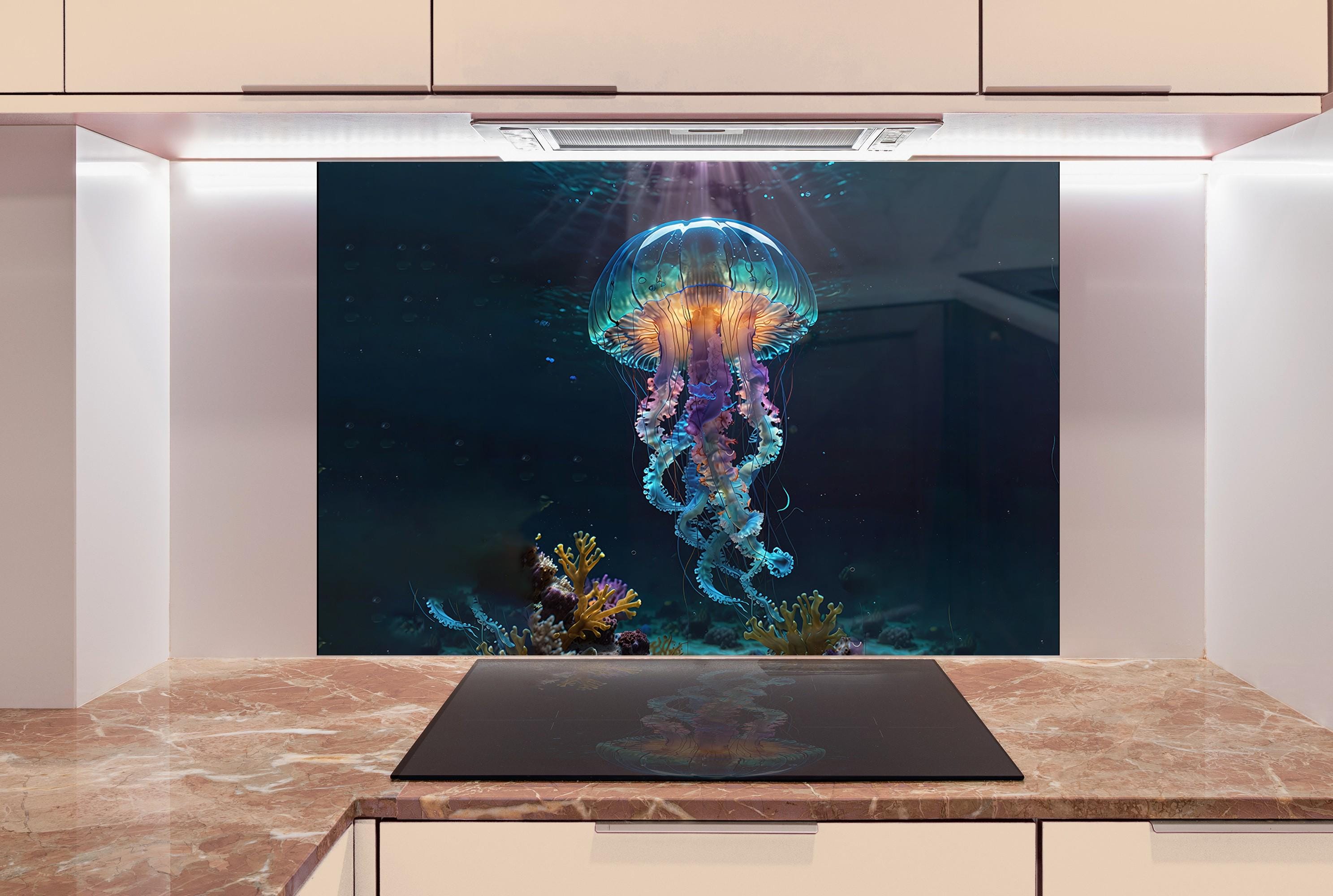 a painting of a jellyfish on a wall in a kitchen