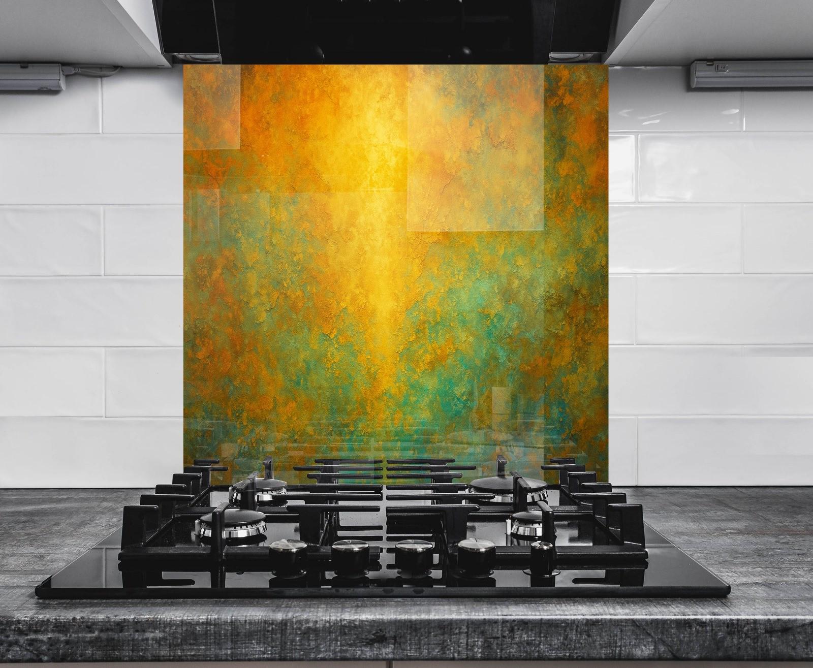 Abstract Art Tempered Glass Backsplash, Gold Black Swirl (Custom Size)