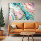 a large abstract painting with vibrant colors and swirling patterns, hanging on a wall above a cozy living room setting with an orange sofa and a wooden coffee table.
