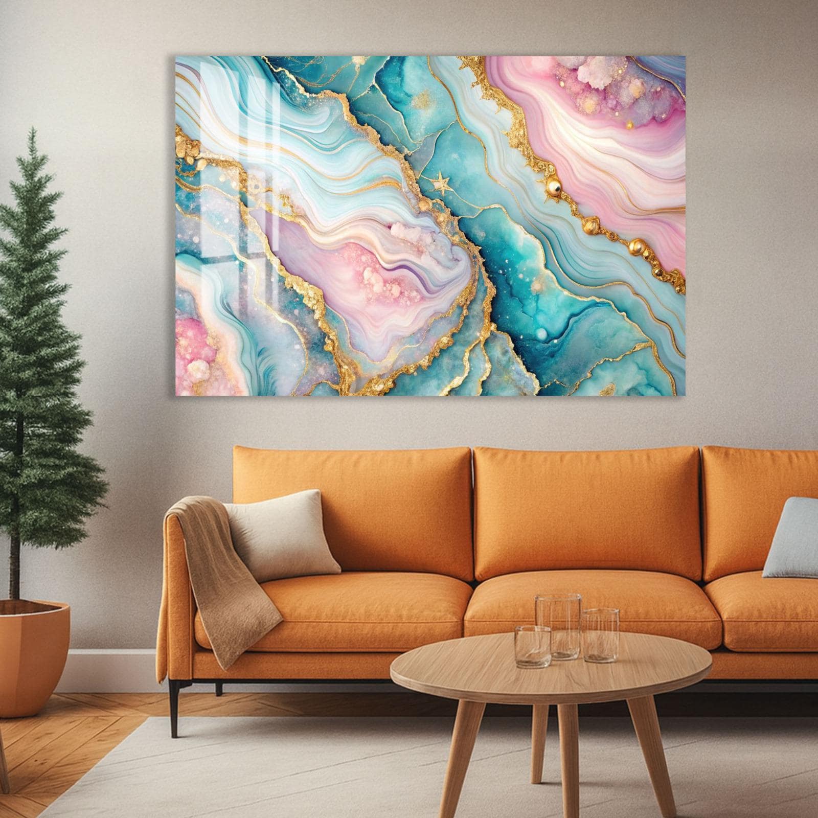 a large abstract painting with vibrant colors and swirling patterns, hanging on a wall above a cozy living room setting with an orange sofa and a wooden coffee table.