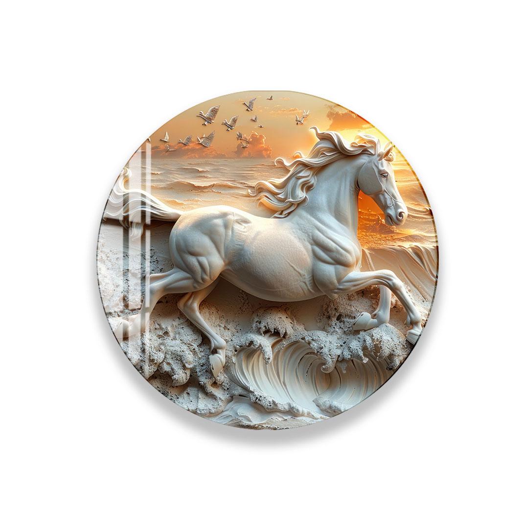A round glass plate with a detailed relief sculpture of a horse in mid-gallop, surrounded by waves and birds flying in the background.