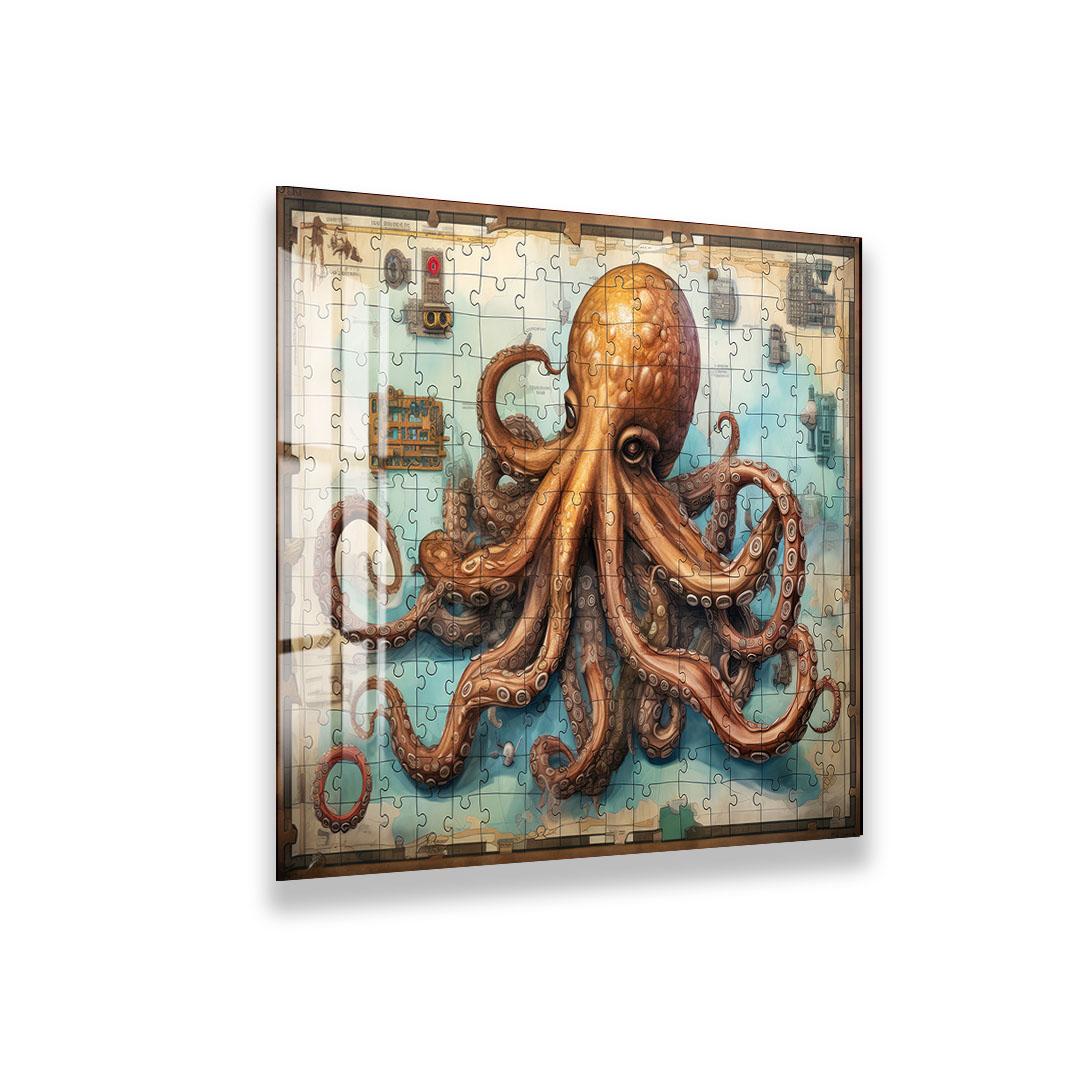The image is a large puzzle depicting an orange octopus with its tentacles spread out, surrounded by various puzzle pieces and other objects.