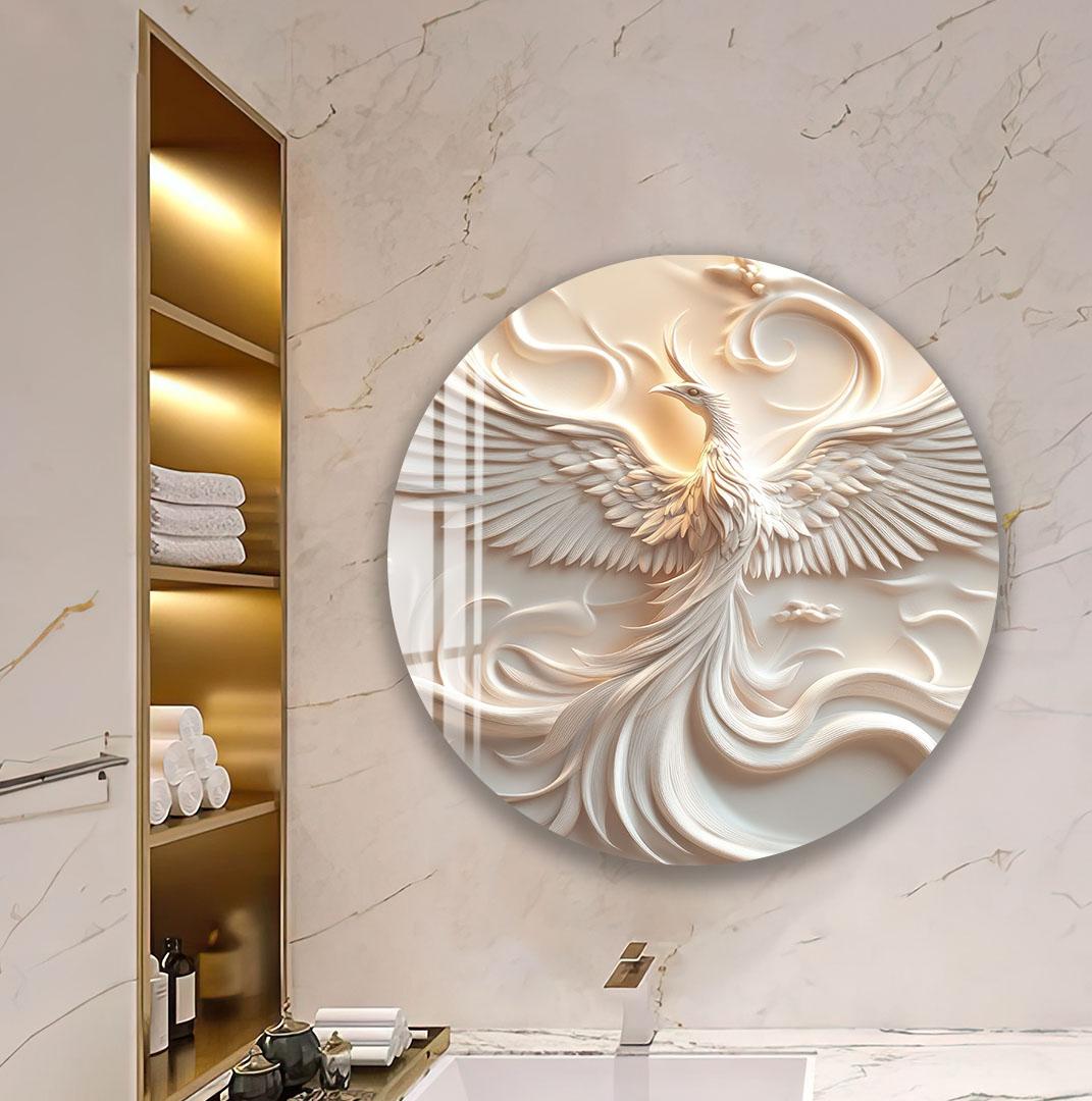 a large circular wall art piece depicting a stylized bird or phoenix with outstretched wings, set against a marble background.
