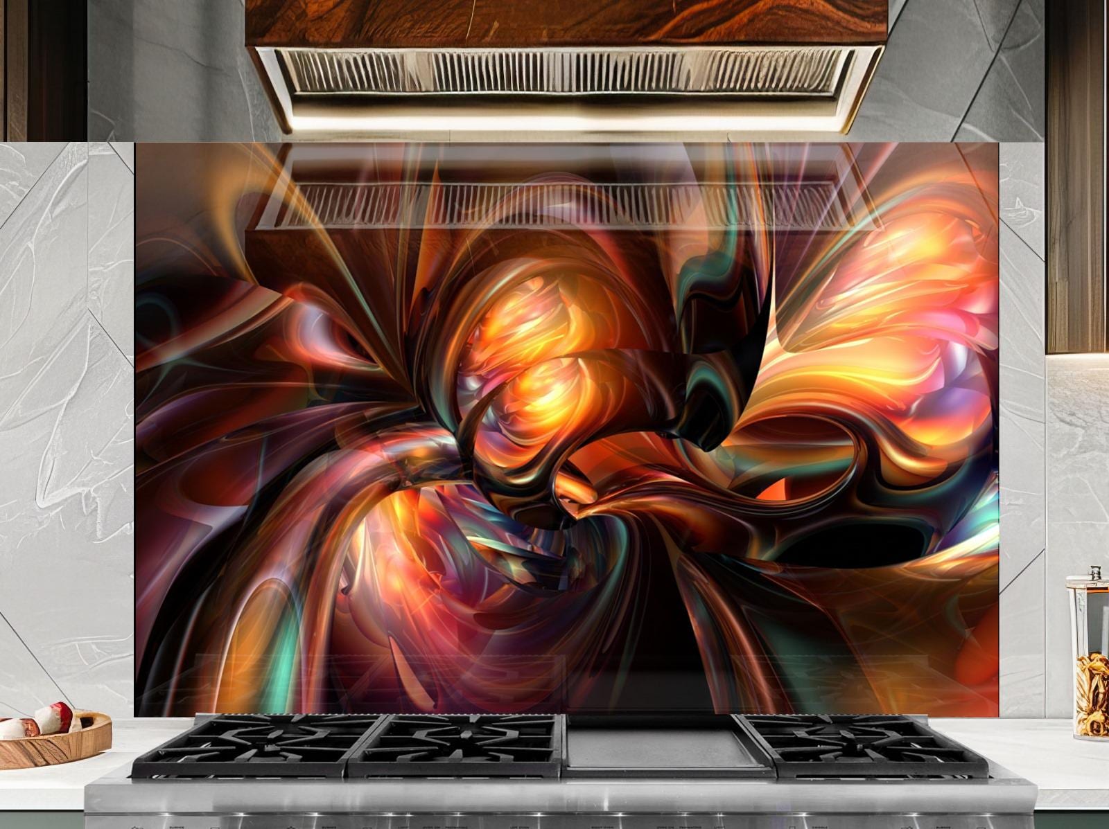 a vibrant, abstract, and colorful design on a wall, with a large, eye-catching pattern that appears to be a backsplash or wall art.